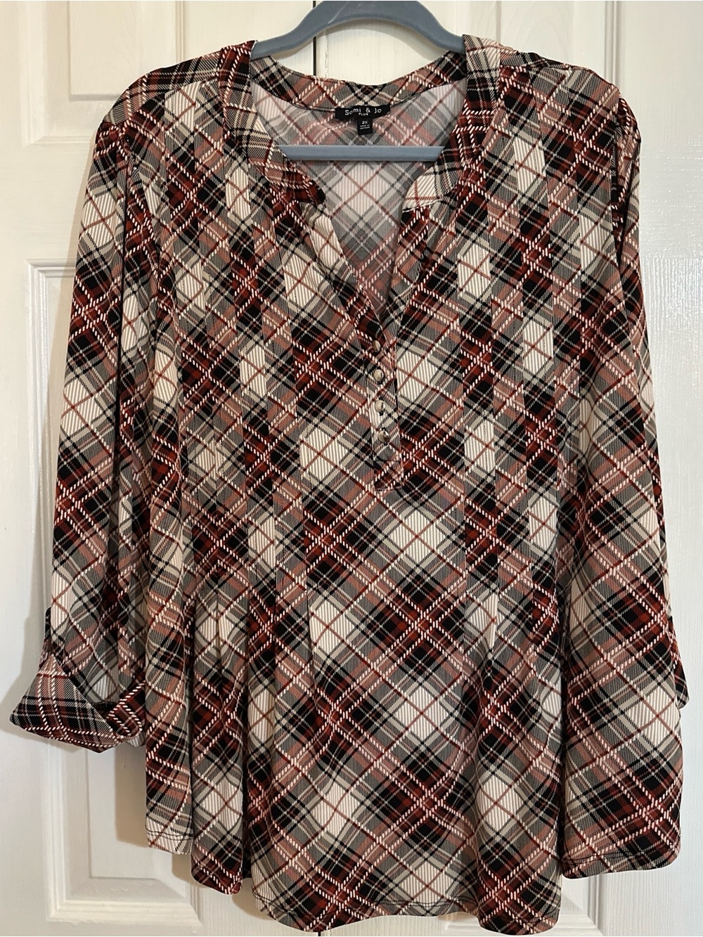 Sami & Jo Plaid V-Neck Tunic - Black, White & Brown